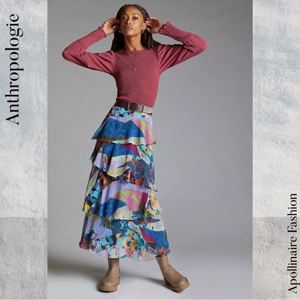 ANTHROPOLOGIE BY MAEVE TIERED MAXI SKIRT VIBRANT MOTIF SIZE 12 NWOT
